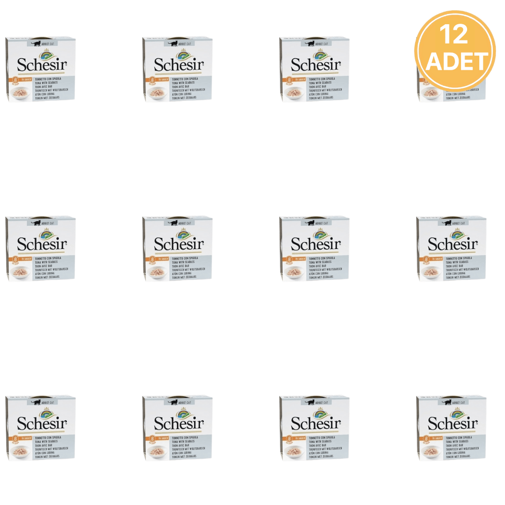 Schesir Soslu Ton Balıklı ve Levrek Etli Yetişkin Kedi Konservesi 70 Gr (12 Adet)