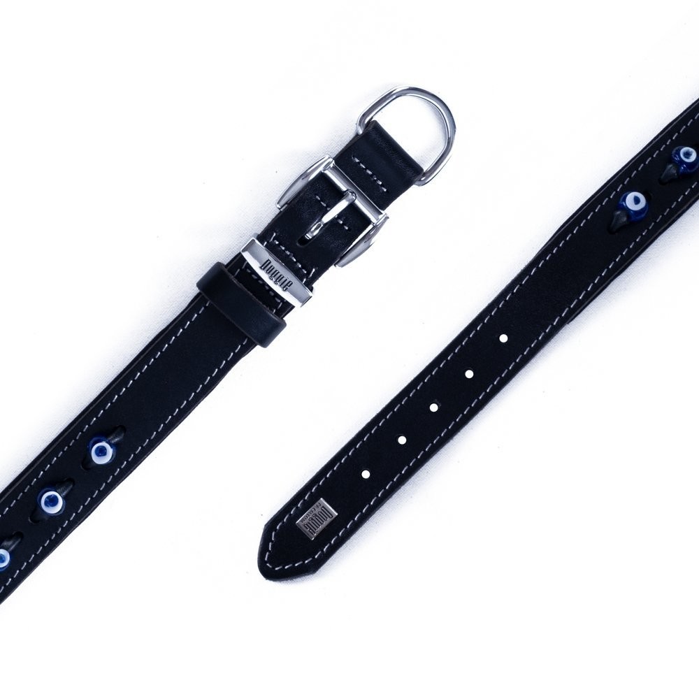 Doggie Konforlu Gerçek Deriden El Yapımı Nazar Boncuklu Köpek Boyun Tasması 3x42-50 Cm Siyah