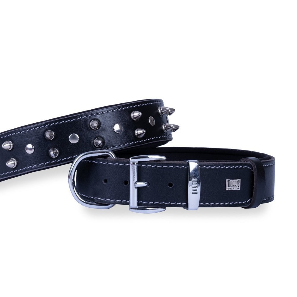 Doggie Konforlu Gerçek Deriden El Yapımı Çivili Köpek Boyun Tasması 4x52-60 Cm Siyah