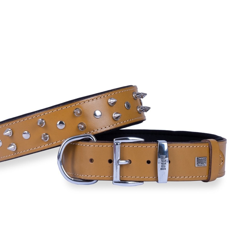 Doggie Konforlu Gerçek Deriden El Yapımı Çivili Köpek Boyun Tasması 4x52-60 Cm Camel