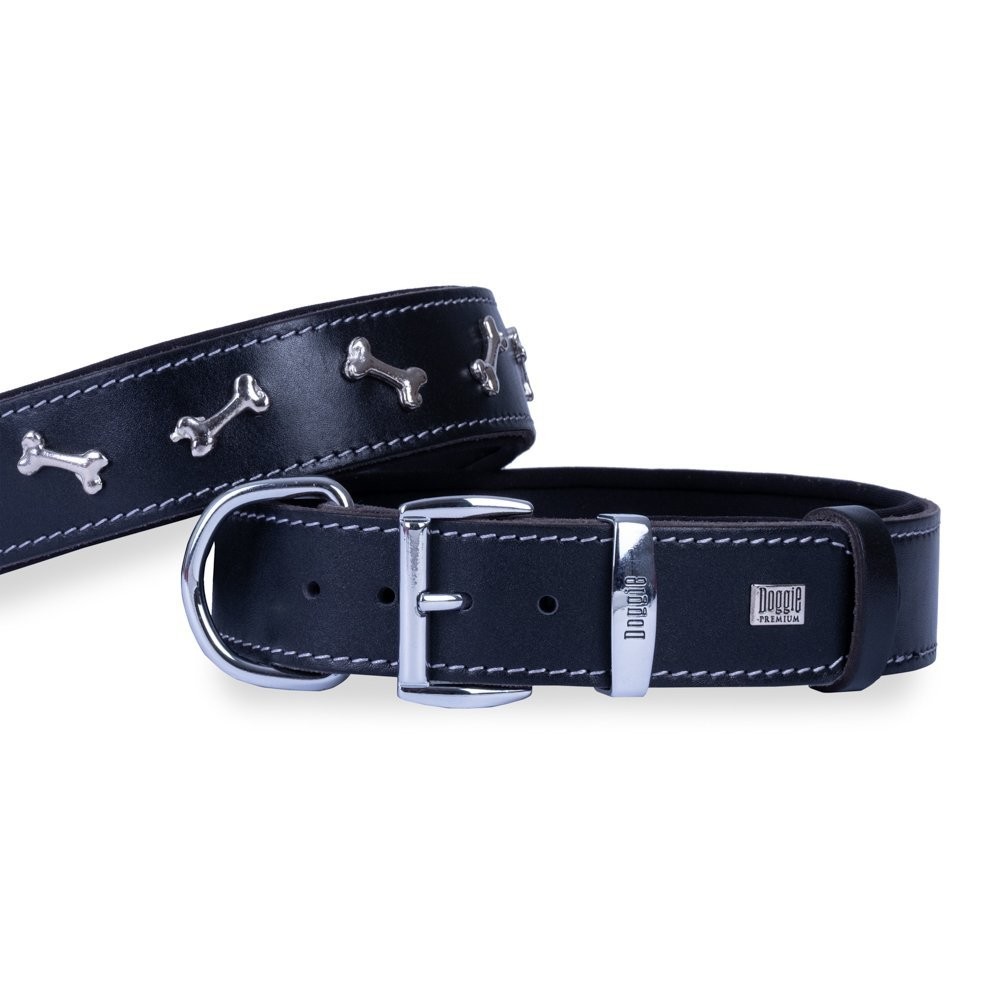 Doggie Konforlu Gerçek Deriden El Yapımı Kemik Süslü Köpek Boyun Tasması 4x52-60 Cm Siyah