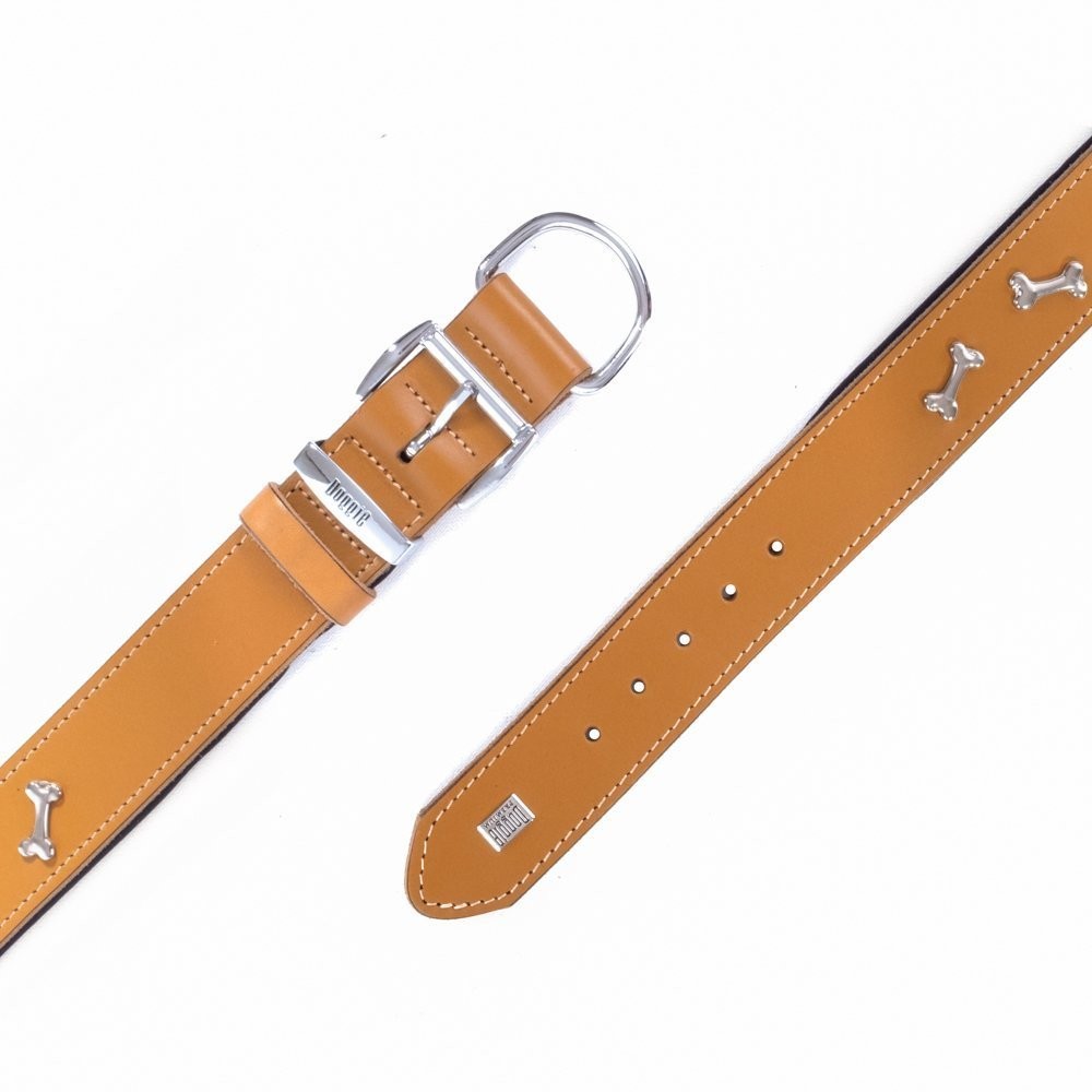 Doggie Konforlu Gerçek Deriden El Yapımı Kemik Süslü Köpek Boyun Tasması 4x57-65 Cm Camel