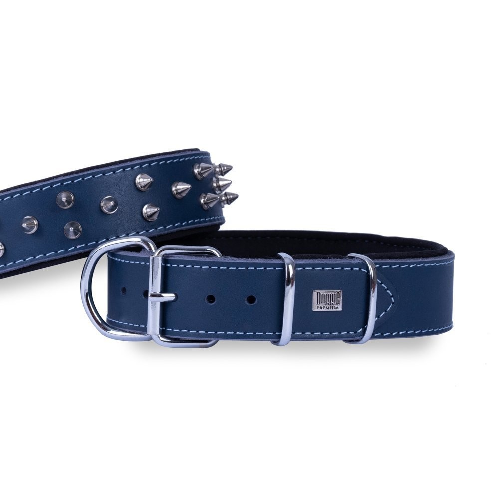 Doggie Çift Kat Gerçek Deriden El Yapımı Çivili Köpek Boyun Tasması 4x47-55 Cm Royal Mavi