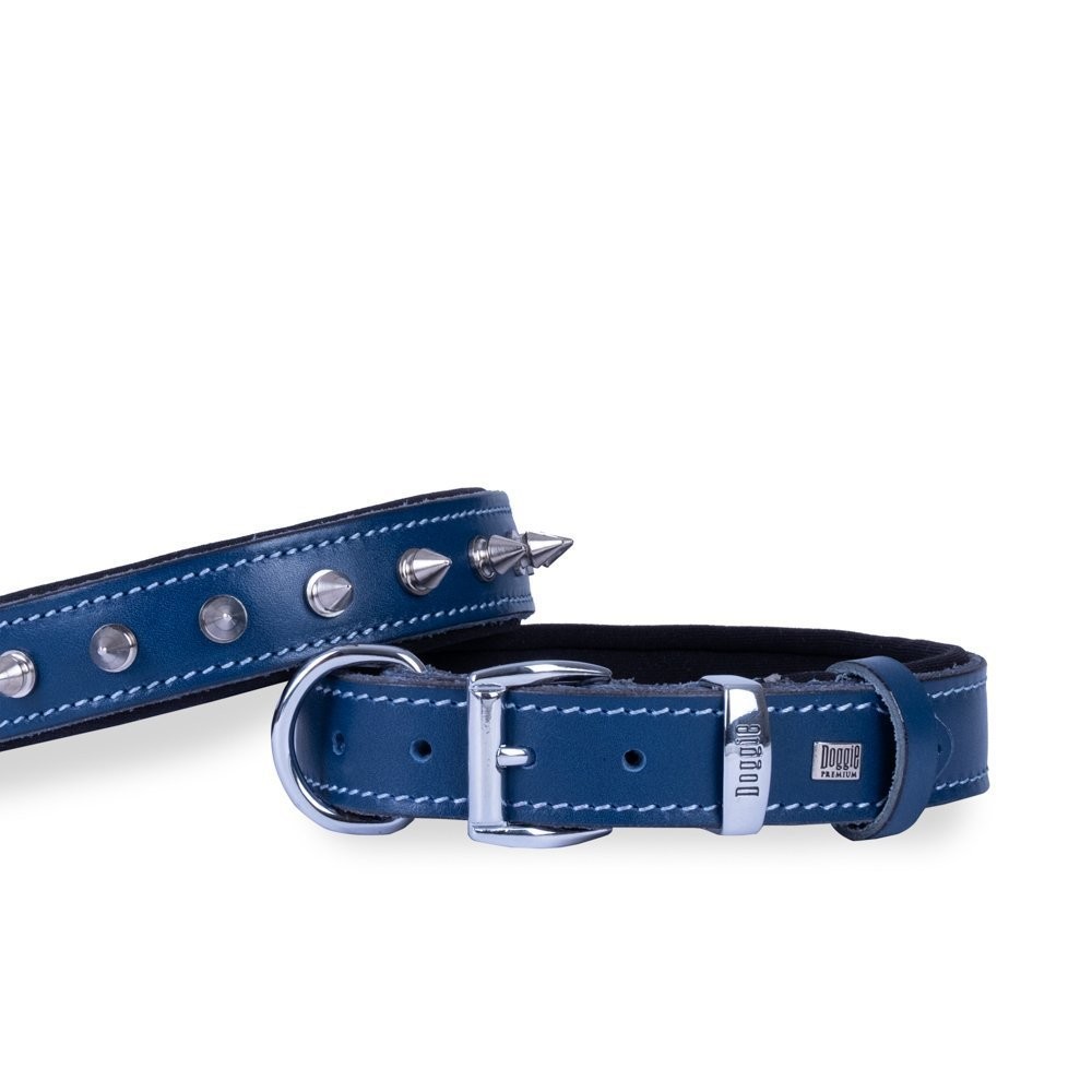Doggie Konforlu Gerçek Deriden El Yapımı Çivili Köpek Boyun Tasması 3x42-50 Cm Royal Mavi