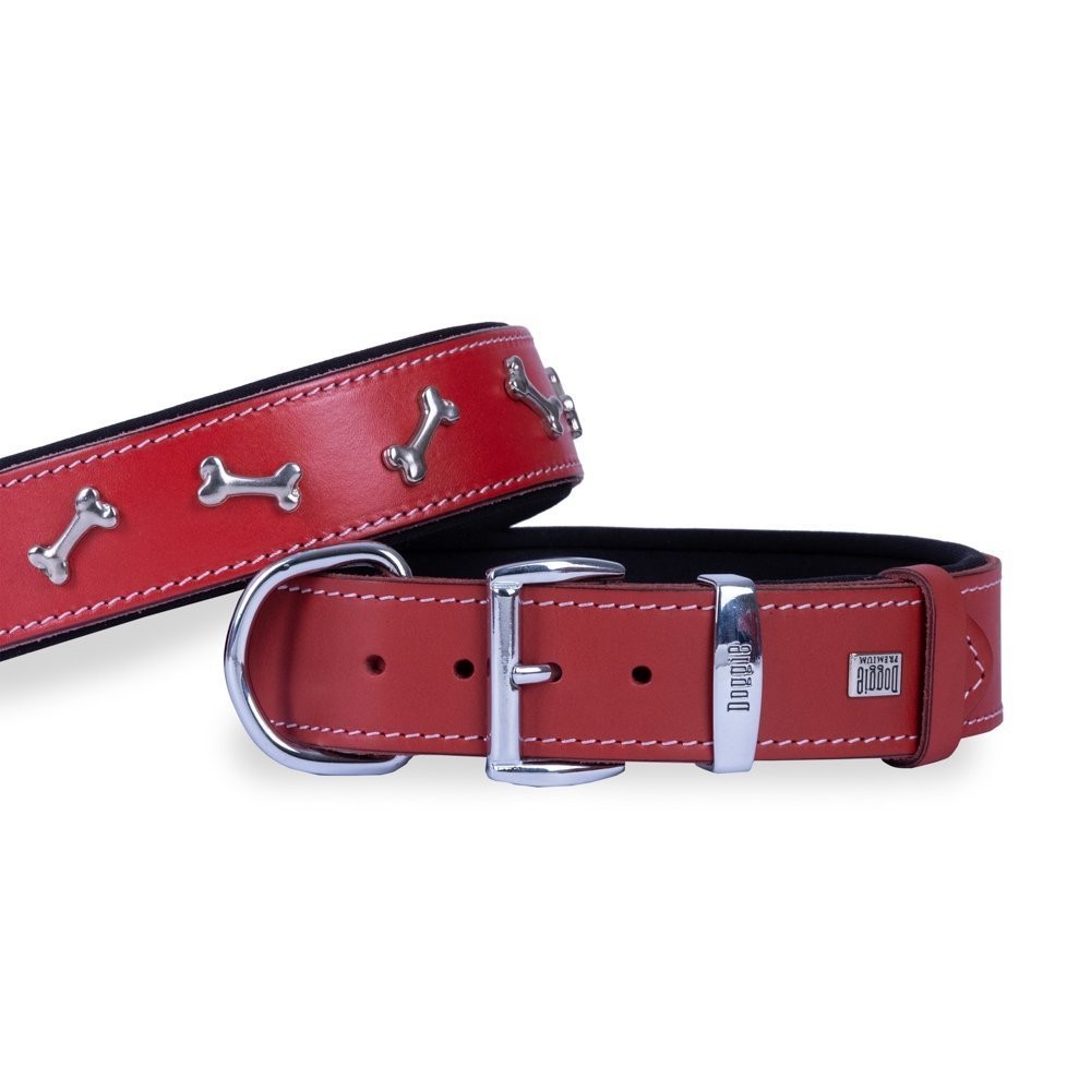 Doggie Konforlu Gerçek Deriden El Yapımı Kemik Süslü Köpek Boyun Tasması 4x52-60 Cm Kırmızı
