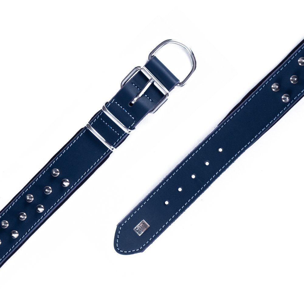 Doggie Çift Kat Gerçek Deriden El Yapımı Çivili Köpek Boyun Tasması 4x52-60 Cm Royal Mavi
