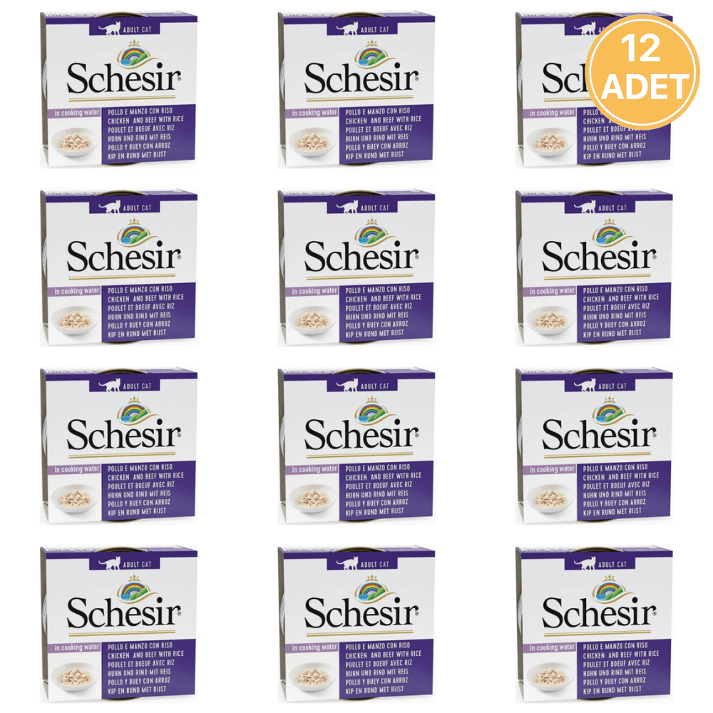 Schesir Doğal Tavuk Etli Sığır Etli ve Pirinçli Yetişkin Kedi Konservesi 85 Gr (12 Adet)