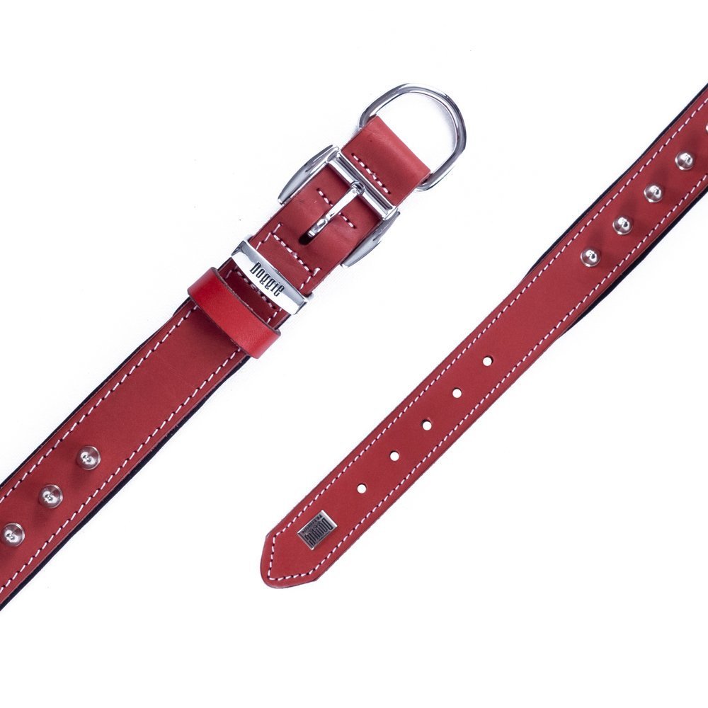 Doggie Konforlu Gerçek Deriden El Yapımı Çivili Köpek Boyun Tasması 3x42-50 Cm Kırmızı