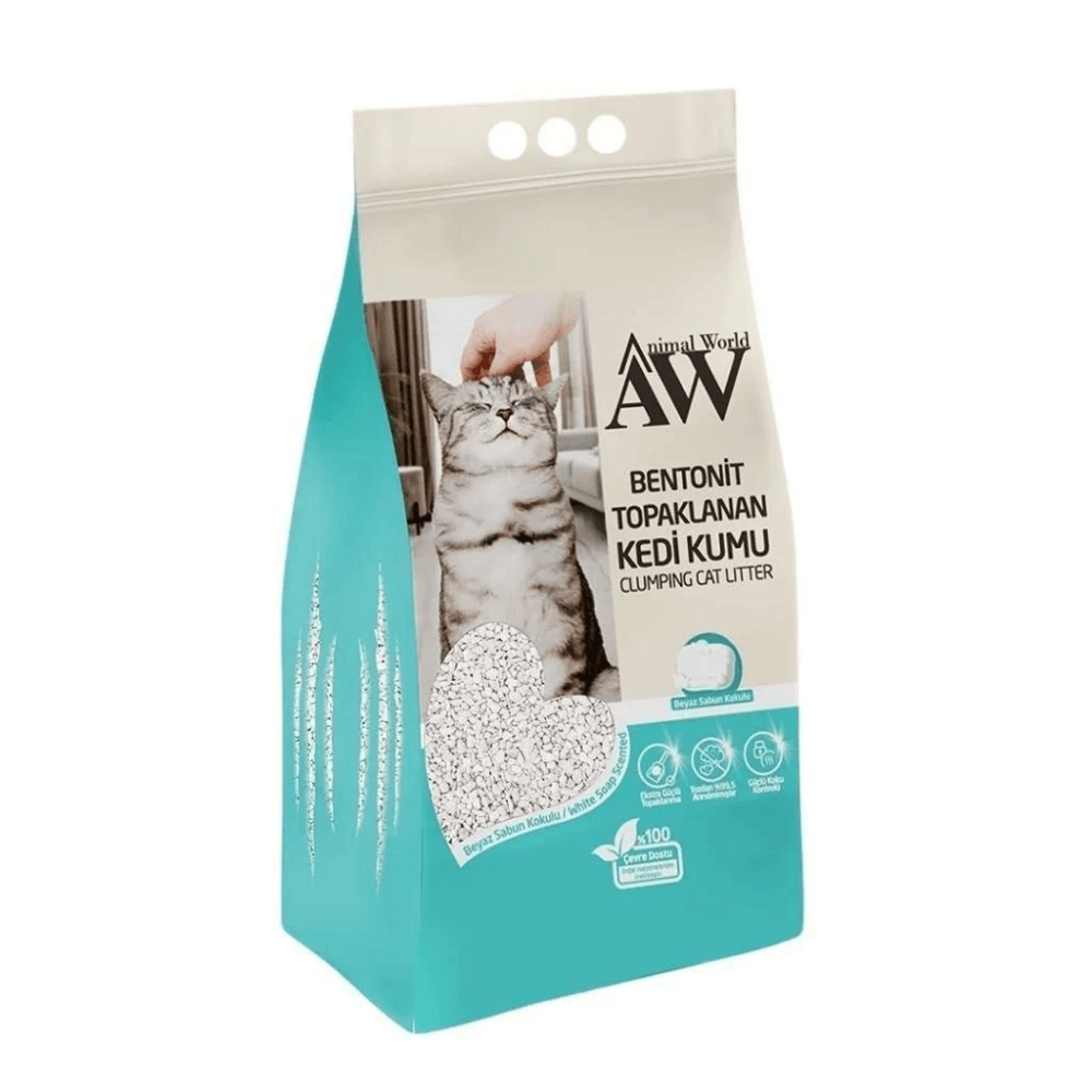 Animal World Beyaz Sabun Kokulu Extra Güçlü Topaklanan Bentonit Kedi Kumu 10 LT