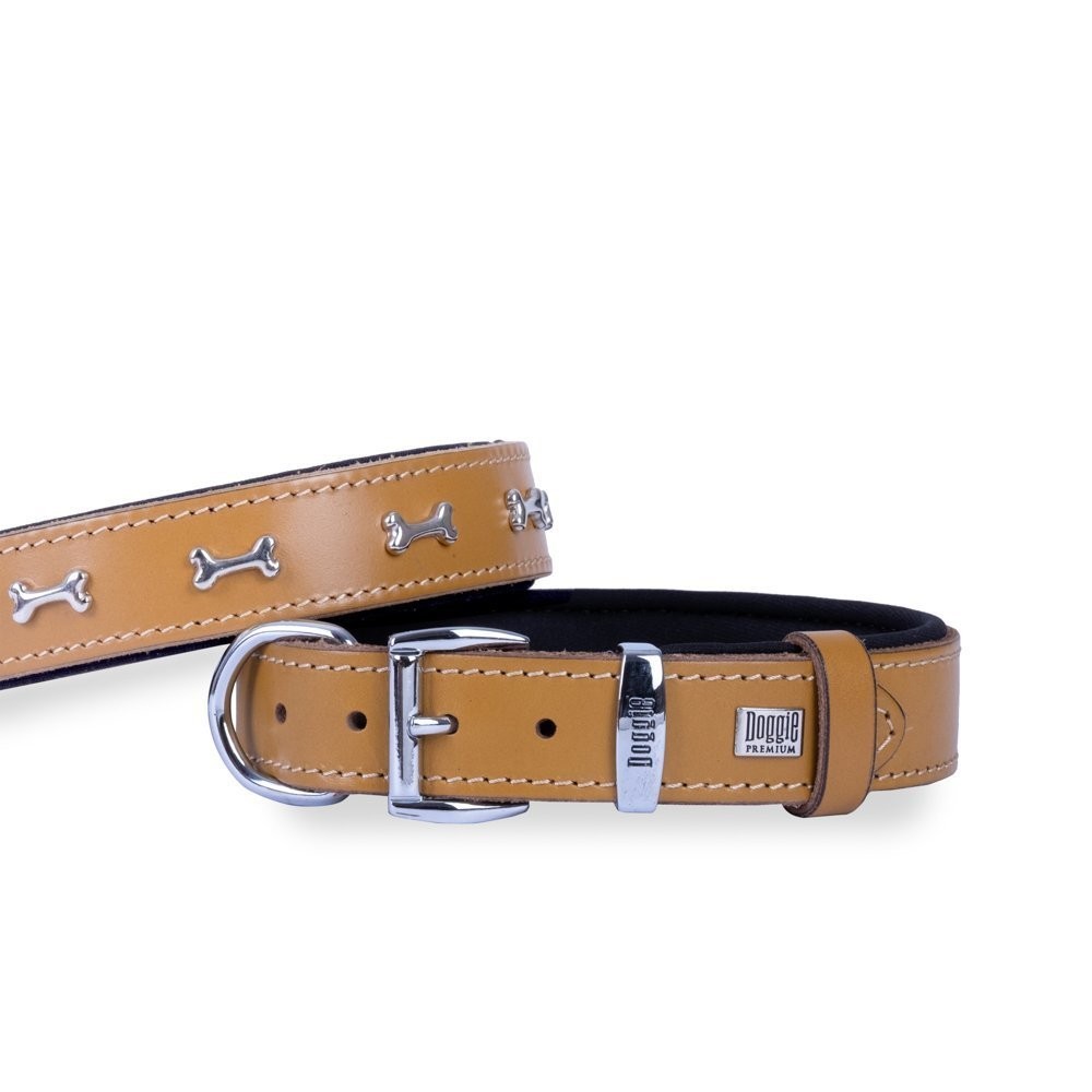 Doggie Konforlu Gerçek Deriden El Yapımı Kemik Süslü Köpek Boyun Tasması 2.5x37-45 Cm Camel