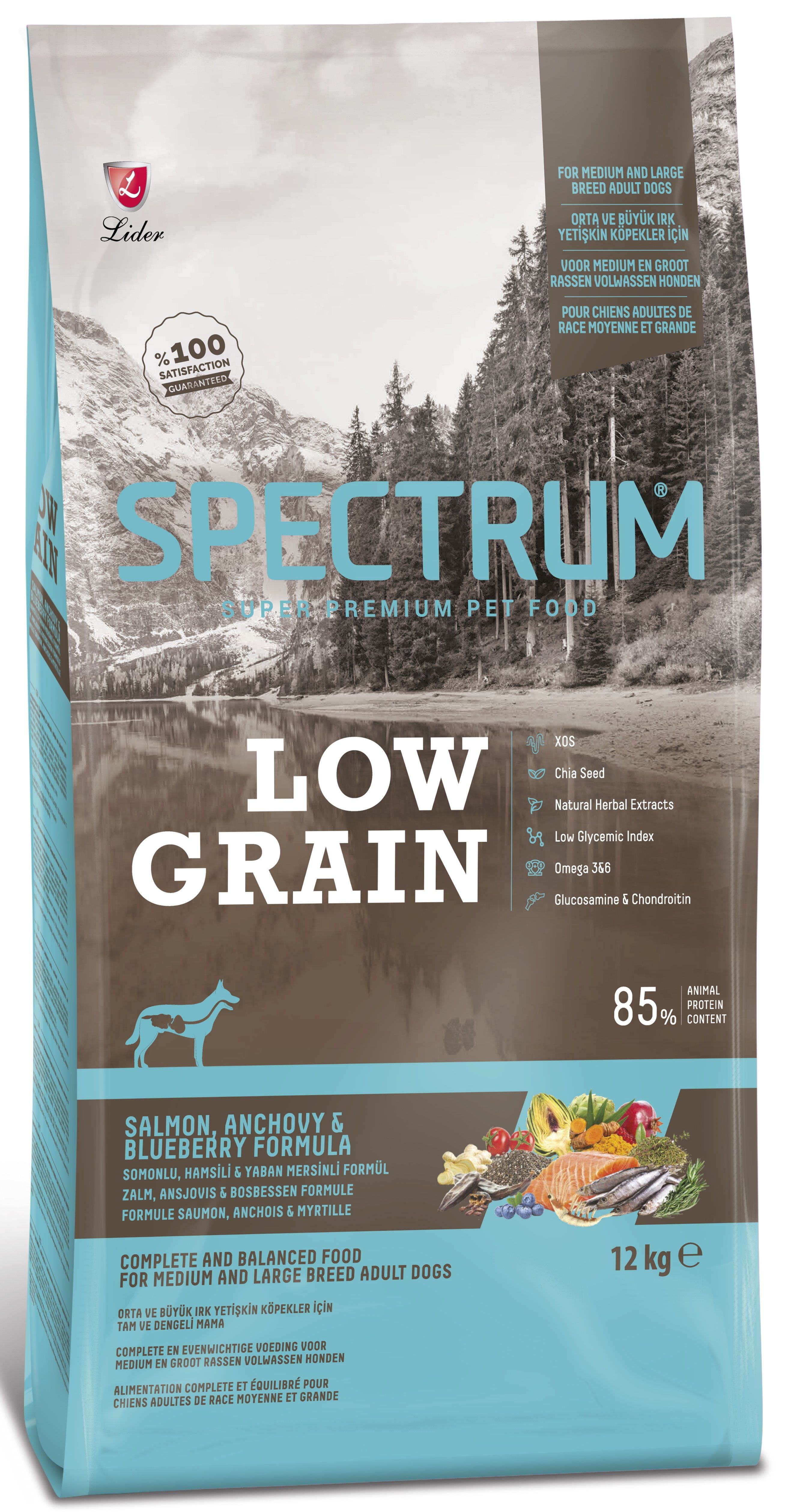 Spectrum Low Grain Somonlu Hamsili & Yaban Mersinli Orta Ve Büyük Irk Yetişkin Köpek Maması 12 Kg