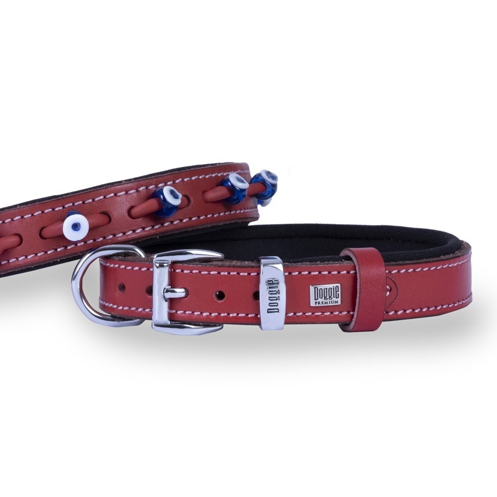 Doggie Konforlu Gerçek Deriden El Yapımı Nazar Boncuklu Köpek Boyun Tasması 2x30-35 Cm Kırmızı