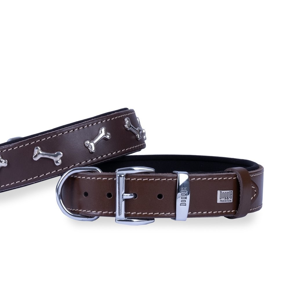 Doggie Konforlu Gerçek Deriden El Yapımı Kemik Süslü Köpek Boyun Tasması 3.5x47-55 Cm Kahverengi