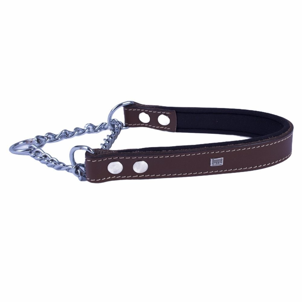 Doggie Konforlu Gerçek Deriden El Yapımı Boğma Zincirli Köpek Boyun Tasması 2.5x45-55 Cm Kahverengi