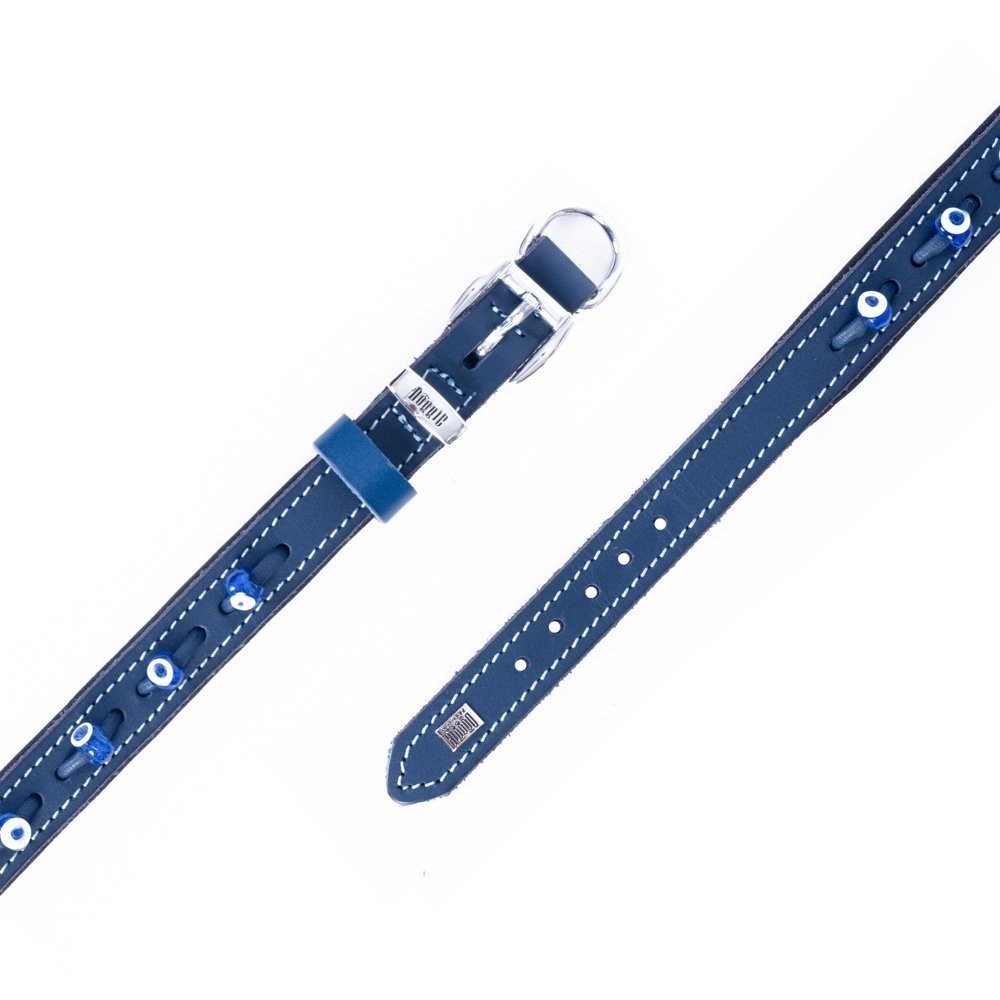 Doggie Konforlu Gerçek Deriden El Yapımı Nazar Boncuklu Köpek Boyun Tasması 2.5x37-45 Cm Royal Mavi