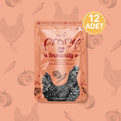 Pramy Immunity Sos İçinde Tavuklu, Bal Kabaklı Ve Havuçlu Yetişkin Kedi Konservesi 70 Gr (12 Adet)