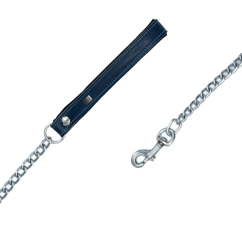Doggie Konforlu Gerçek Deriden El Yapımı Zincirli Köpek Gezdirme Kayışı 3.5x110 Cm Royal Mavi
