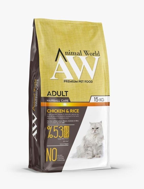 Animal World Hairball Care Tüy Yumağı Önleyici Tavuk Etli ve Pirinçli Yetişkin Kedi Maması 15 Kg