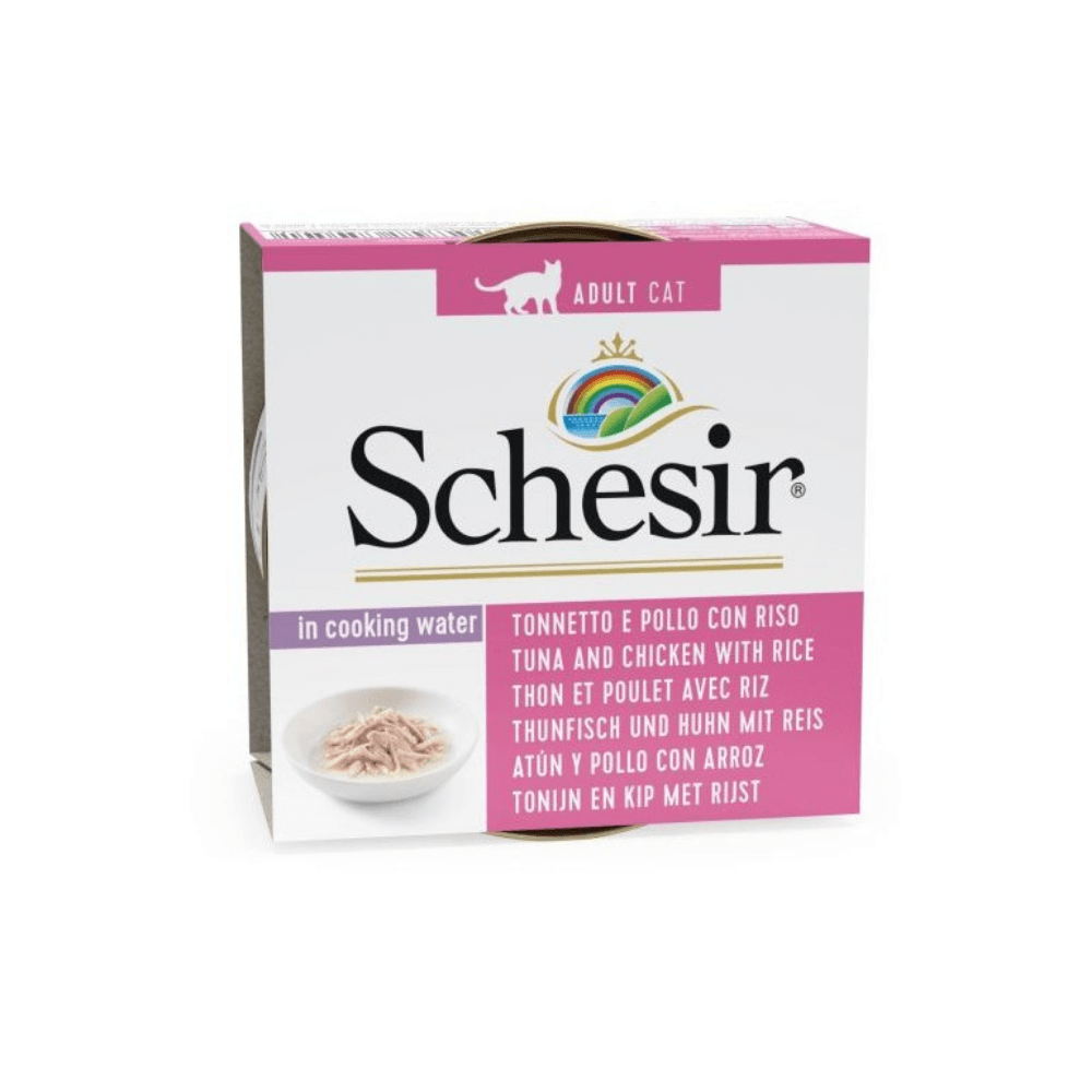 Schesir Suda Pişmiş Ton Balıklı Tavuk Etli ve Pirinçli Yetişkin Kedi Konservesi 85 Gr