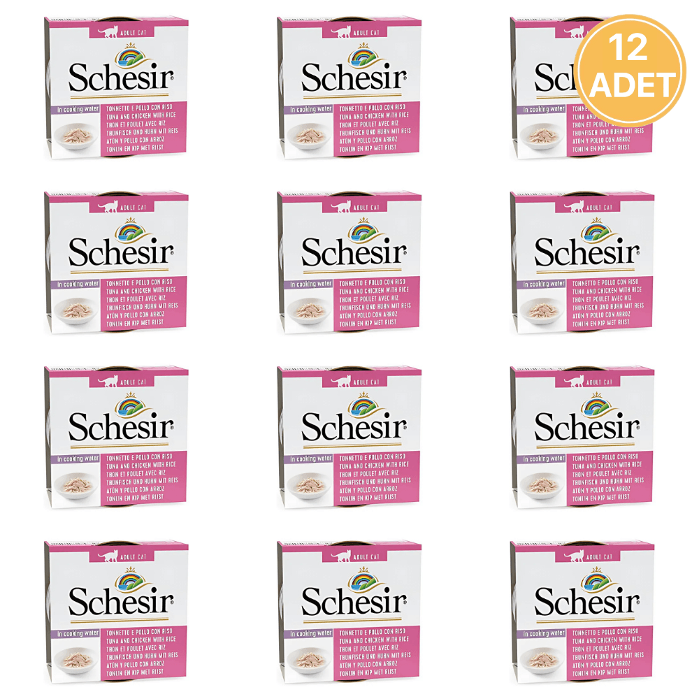 Schesir Suda Pişmiş Ton Balıklı Tavuk Etli ve Pirinçli Yetişkin Kedi Konservesi 85 Gr (12 Adet)