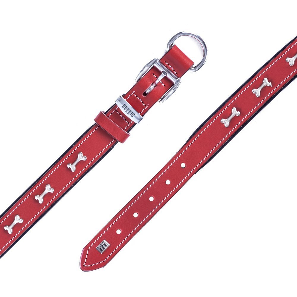 Doggie Konforlu Gerçek Deriden El Yapımı Kemik Süslü Köpek Boyun Tasması 2.5x37-45 Cm Kırmızı