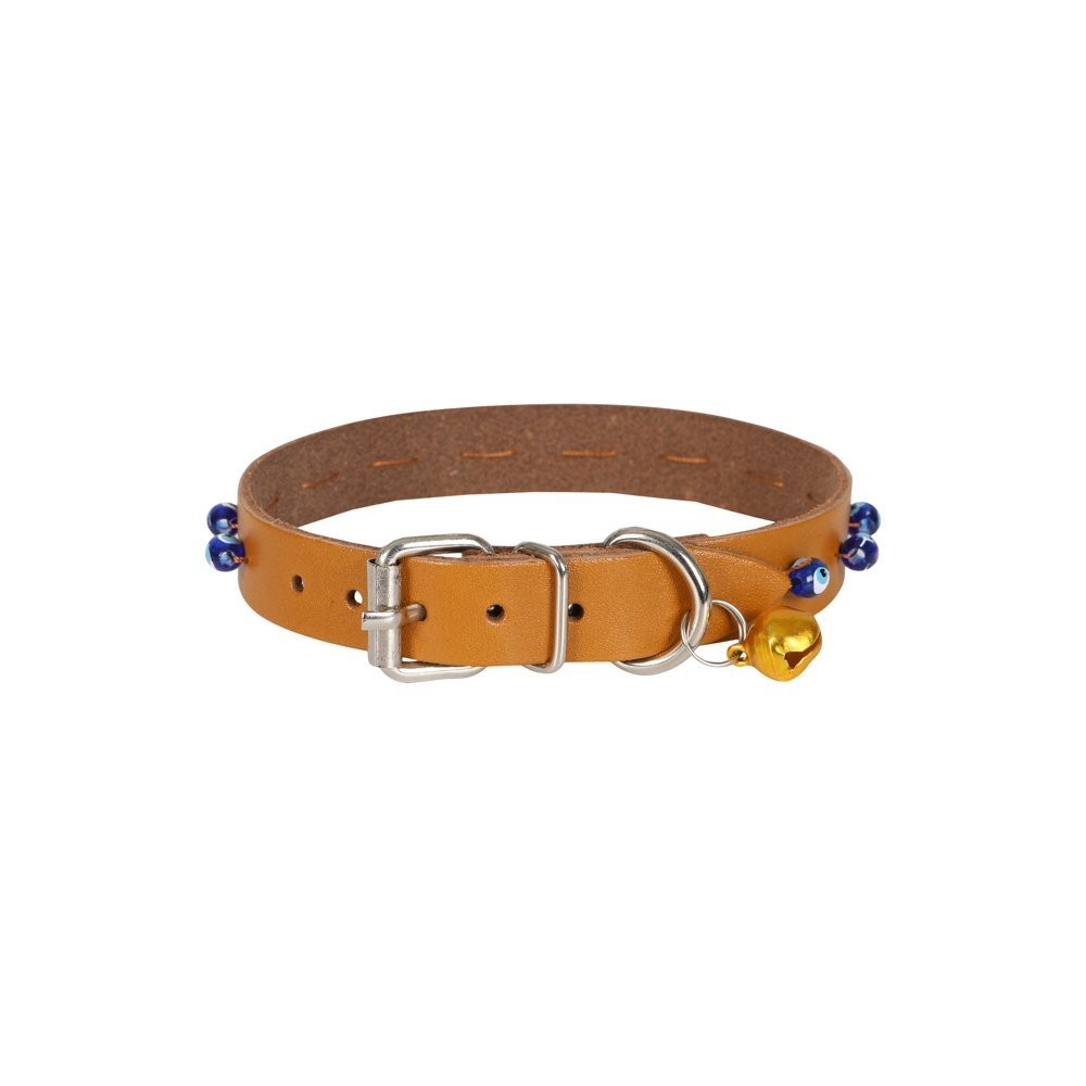 Cattie Boncuklu Deri Kedi Boyun Tasması XL 1.5x28-32 Cm Camel