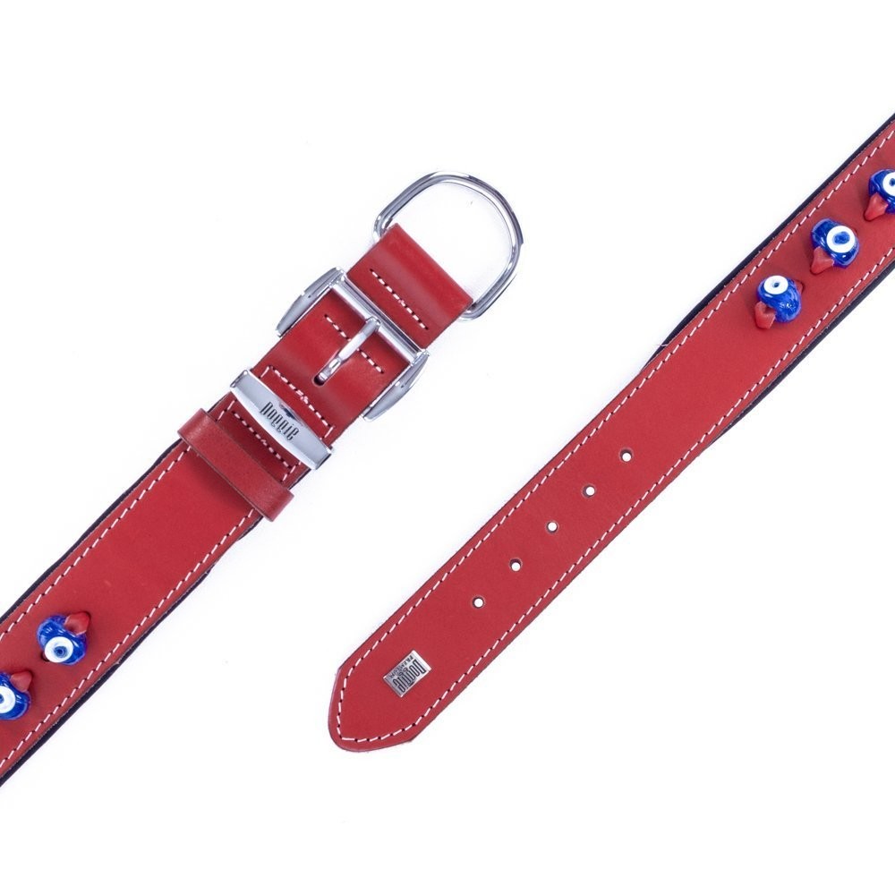 Doggie Konforlu Gerçek Deriden El Yapımı Nazar Boncuklu Köpek Boyun Tasması 3.5x47-55 Cm Kırmızı