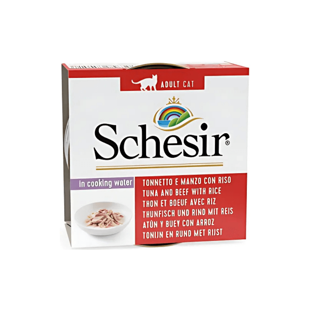 Schesir Suda Pişmiş Ton Balıklı Sığır Etli ve Pirinçli Yetişkin Kedi Konservesi 85 Gr (6 Adet)