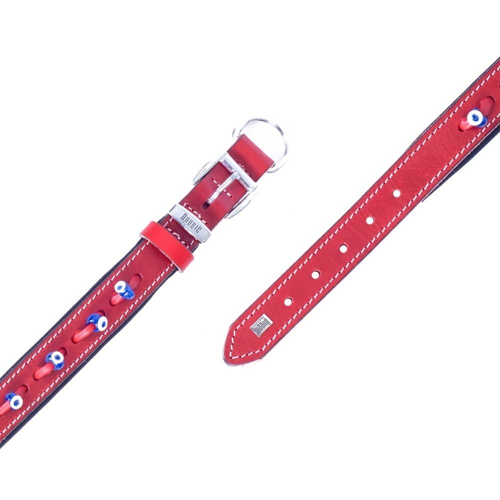 Doggie Konforlu Gerçek Deriden El Yapımı Nazar Boncuklu Köpek Boyun Tasması 2x30-35 Cm Kırmızı