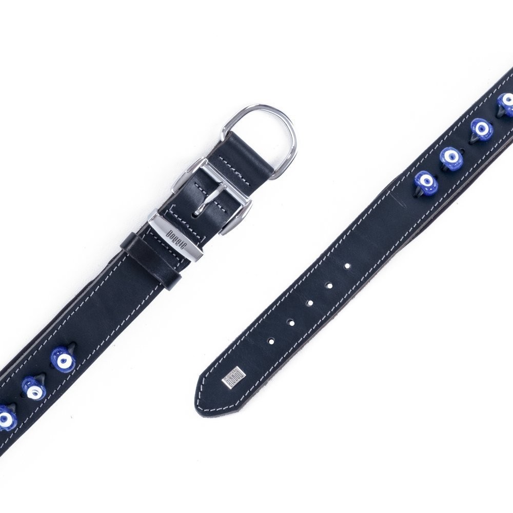 Doggie Konforlu Gerçek Deriden El Yapımı Nazar Boncuklu Köpek Boyun Tasması 3.5x47-55 Cm Siyah