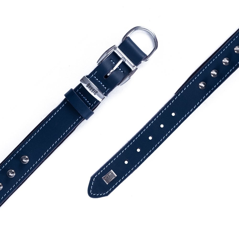Doggie Konforlu Gerçek Deriden El Yapımı Çivili Köpek Boyun Tasması 3x42-50 Cm Royal Mavi