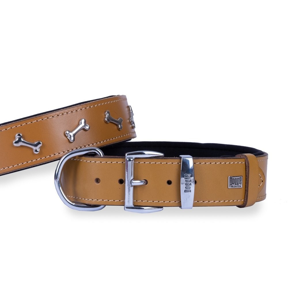 Doggie Konforlu Gerçek Deriden El Yapımı Kemik Süslü Köpek Boyun Tasması 4x57-65 Cm Camel