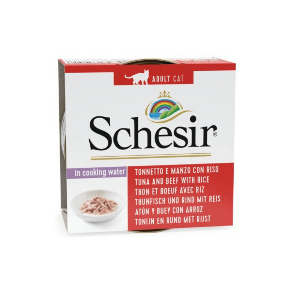 Schesir Suda Pişmiş Ton Balıklı Sığır Etli ve Pirinçli Yetişkin Kedi Konservesi 85 Gr