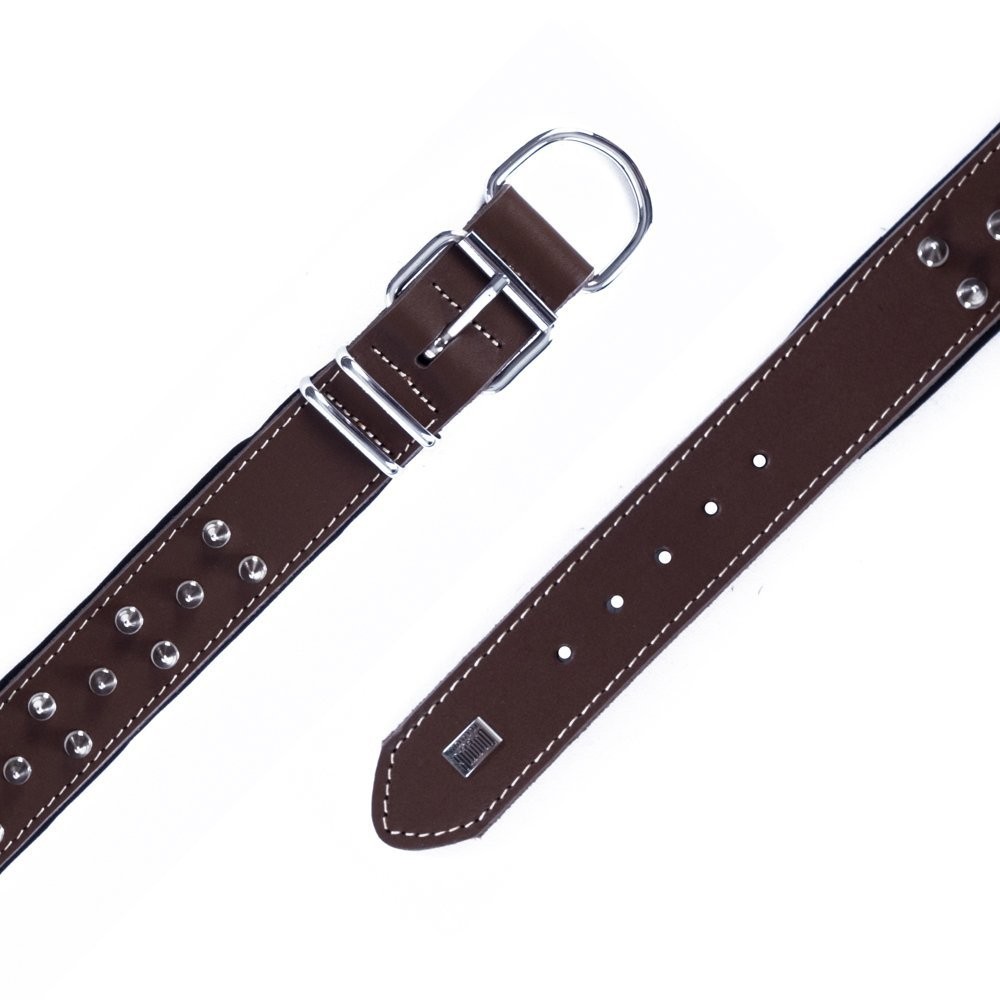 Doggie Çift Kat Gerçek Deriden El Yapımı Çivili Köpek Boyun Tasması 4x57-65 Cm Kahverengi