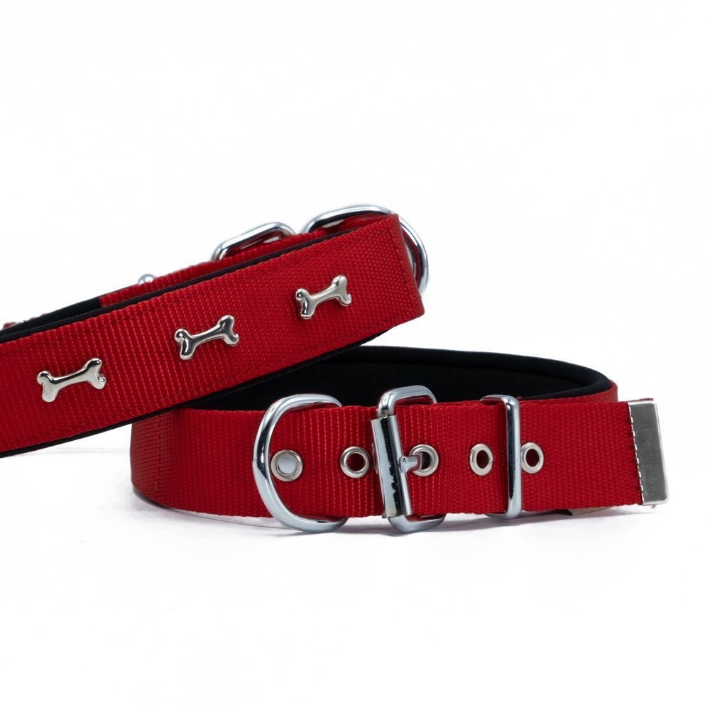 Doggie Comfort Metal Kemik İşlemeli Köpek Boyun Tasması M 3x42-50 Cm Kırmızı