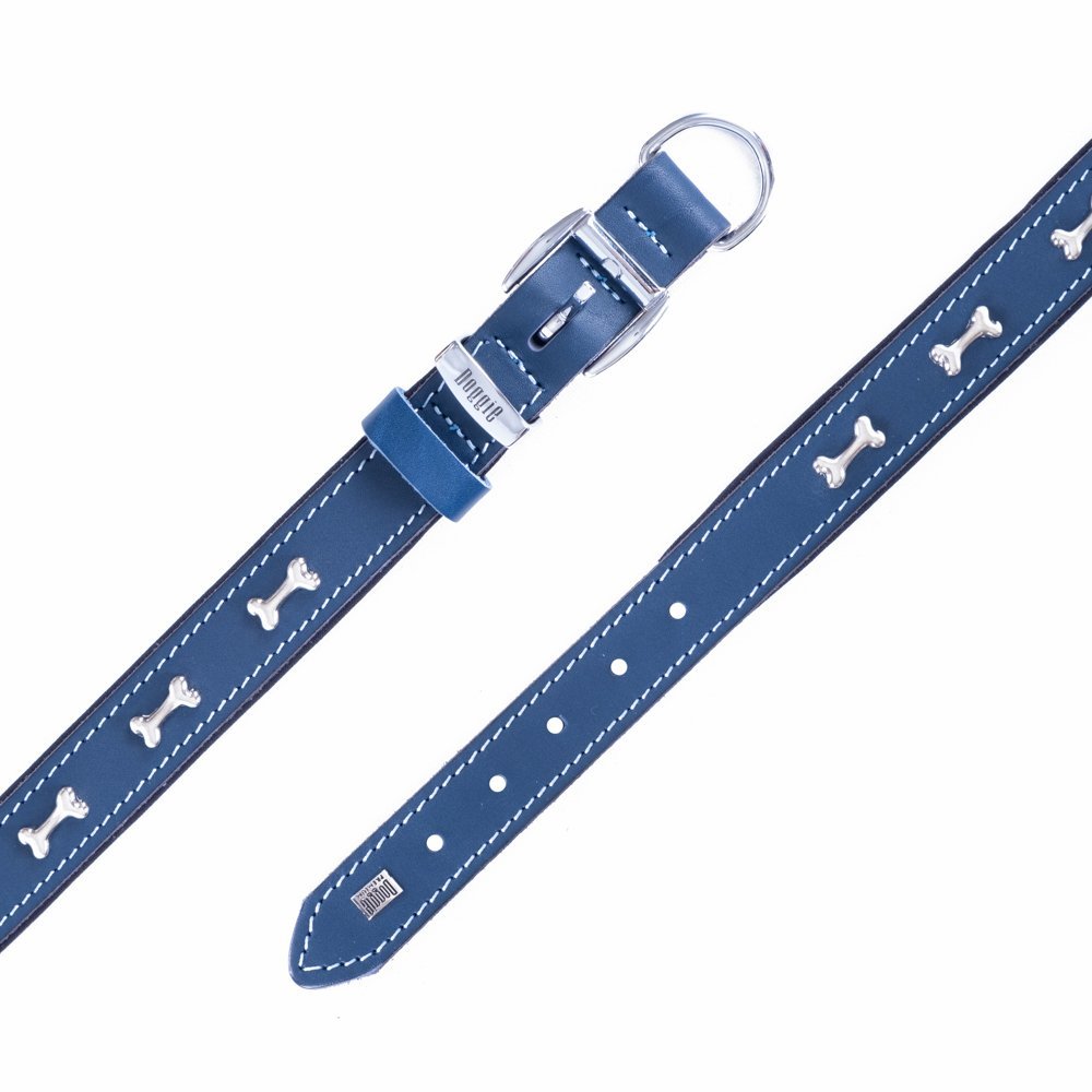 Doggie Konforlu Gerçek Deriden El Yapımı Kemik Süslü Köpek Boyun Tasması 2.5x37-45 Cm Royal Mavi