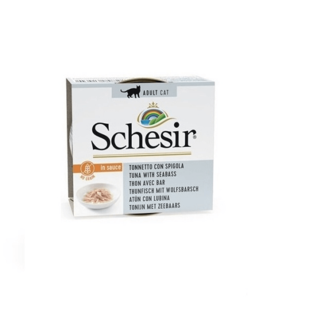 Schesir Soslu Ton Balıklı ve Levrek Etli Yetişkin Kedi Konservesi 70 Gr (12 Adet)