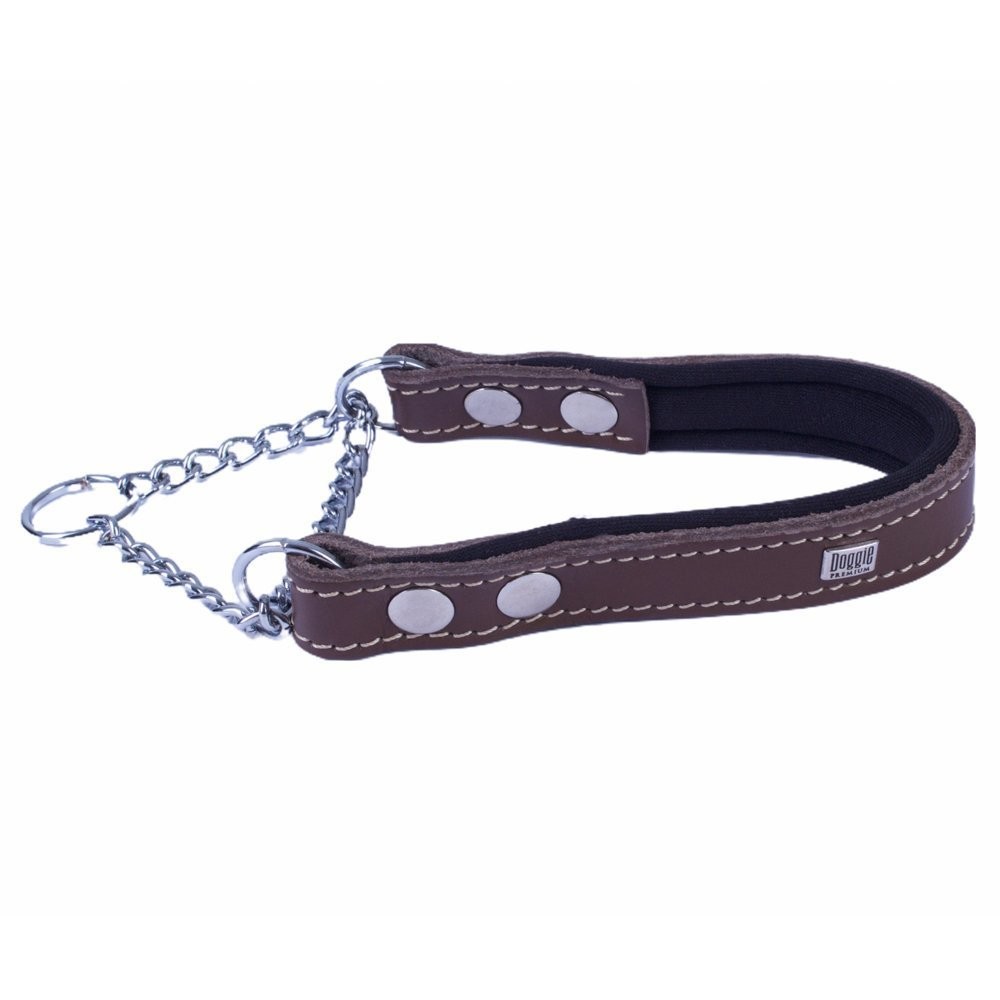 Doggie Konforlu Gerçek Deriden El Yapımı Boğma Zincirli Köpek Boyun Tasması 2x35-45 Cm Kahverengi