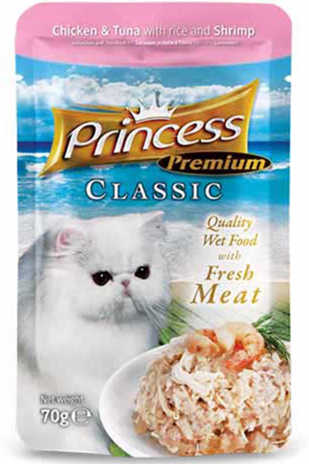 Princess Classic Pouch Tavuk Etli Ton Balıklı Karidesli ve Pirinçli Yetişkin Kedi Konservesi 70 Gr