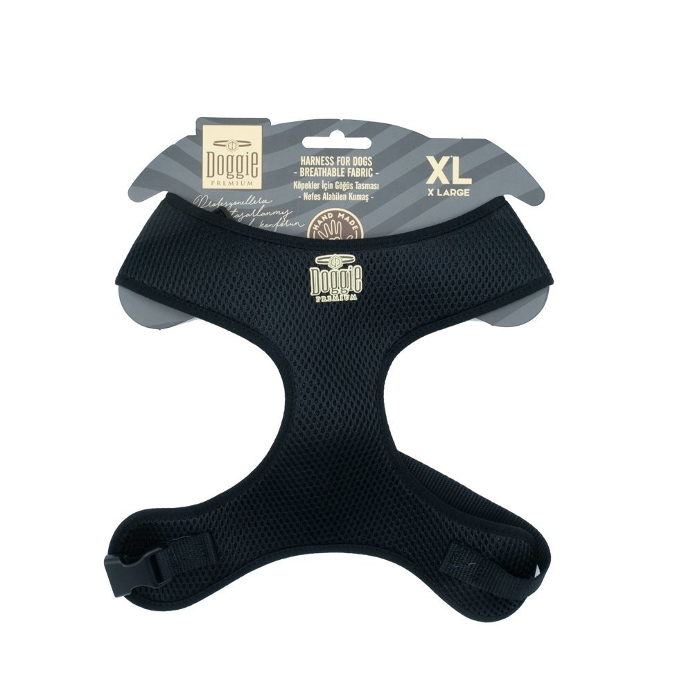 Doggie Havalı Dokumadan El Yapımı Küçük Irk Köpek Göğüs Tasması XL-2x50-65 Cm Siyah