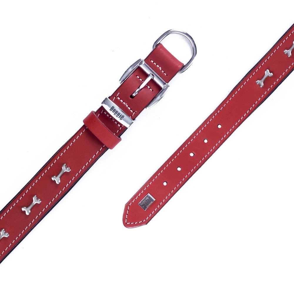 Doggie Konforlu Gerçek Deriden El Yapımı Kemik Süslü Köpek Boyun Tasması 3.5x47-55 Cm Kırmızı
