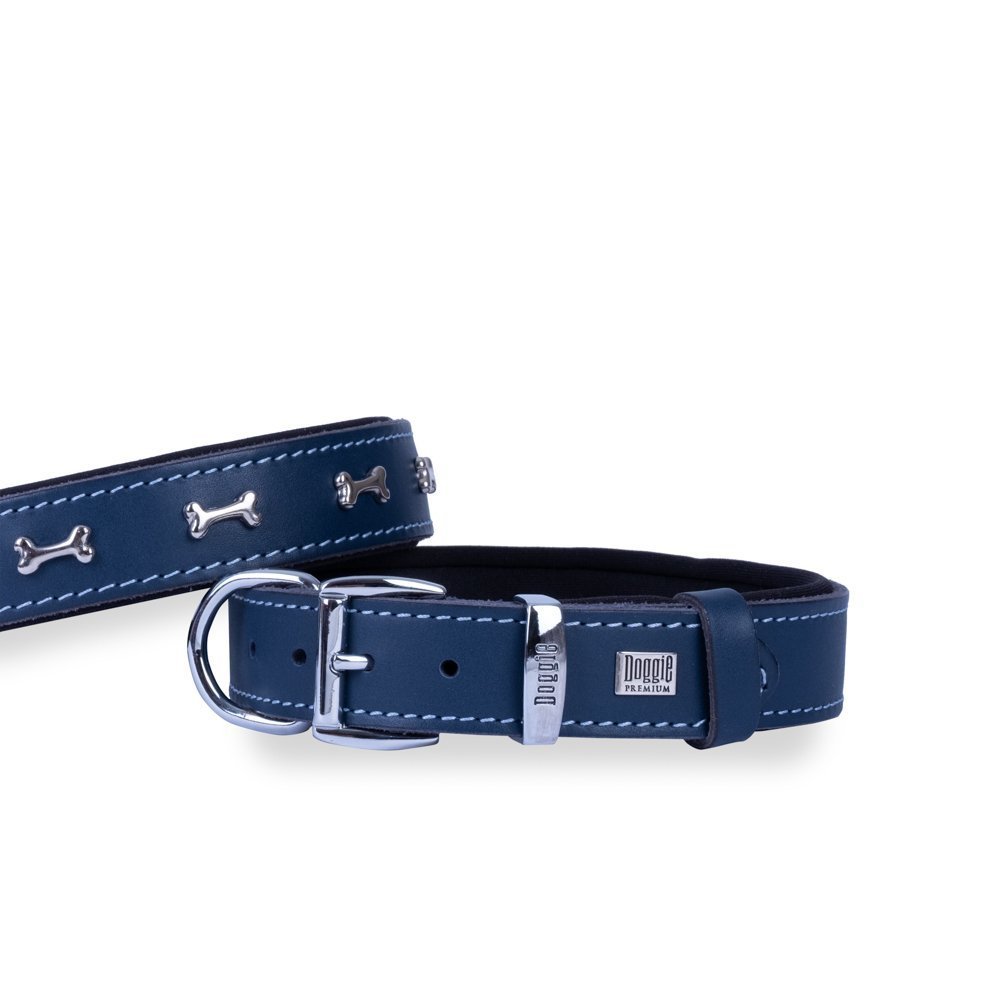 Doggie Konforlu Gerçek Deriden El Yapımı Kemik Süslü Köpek Boyun Tasması 2.5x37-45 Cm Royal Mavi