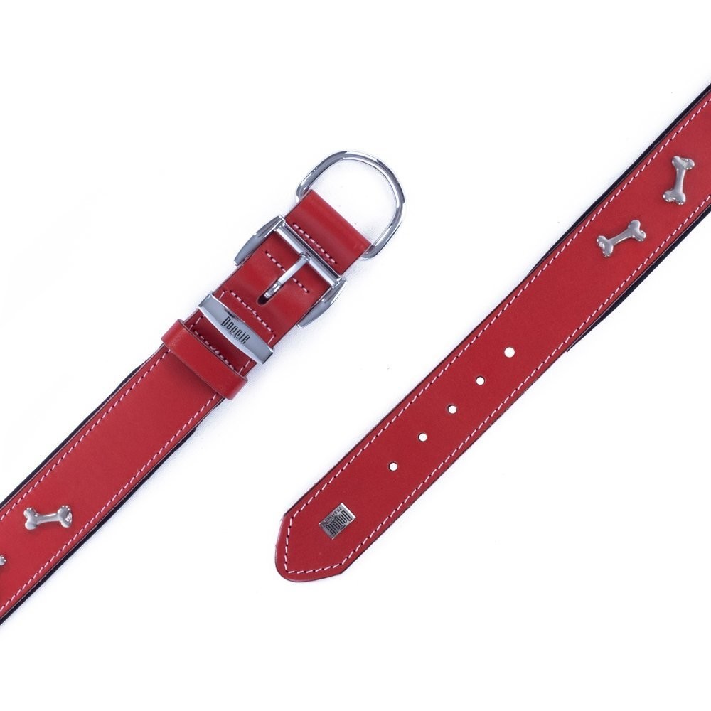 Doggie Konforlu Gerçek Deriden El Yapımı Kemik Süslü Köpek Boyun Tasması 4x52-60 Cm Kırmızı