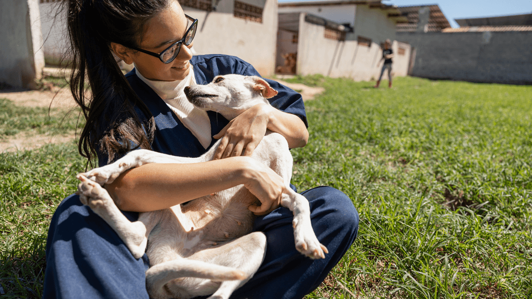 Hayvan barınağında köpeğiyle vakit geçiren genç gönüllü kadın.
