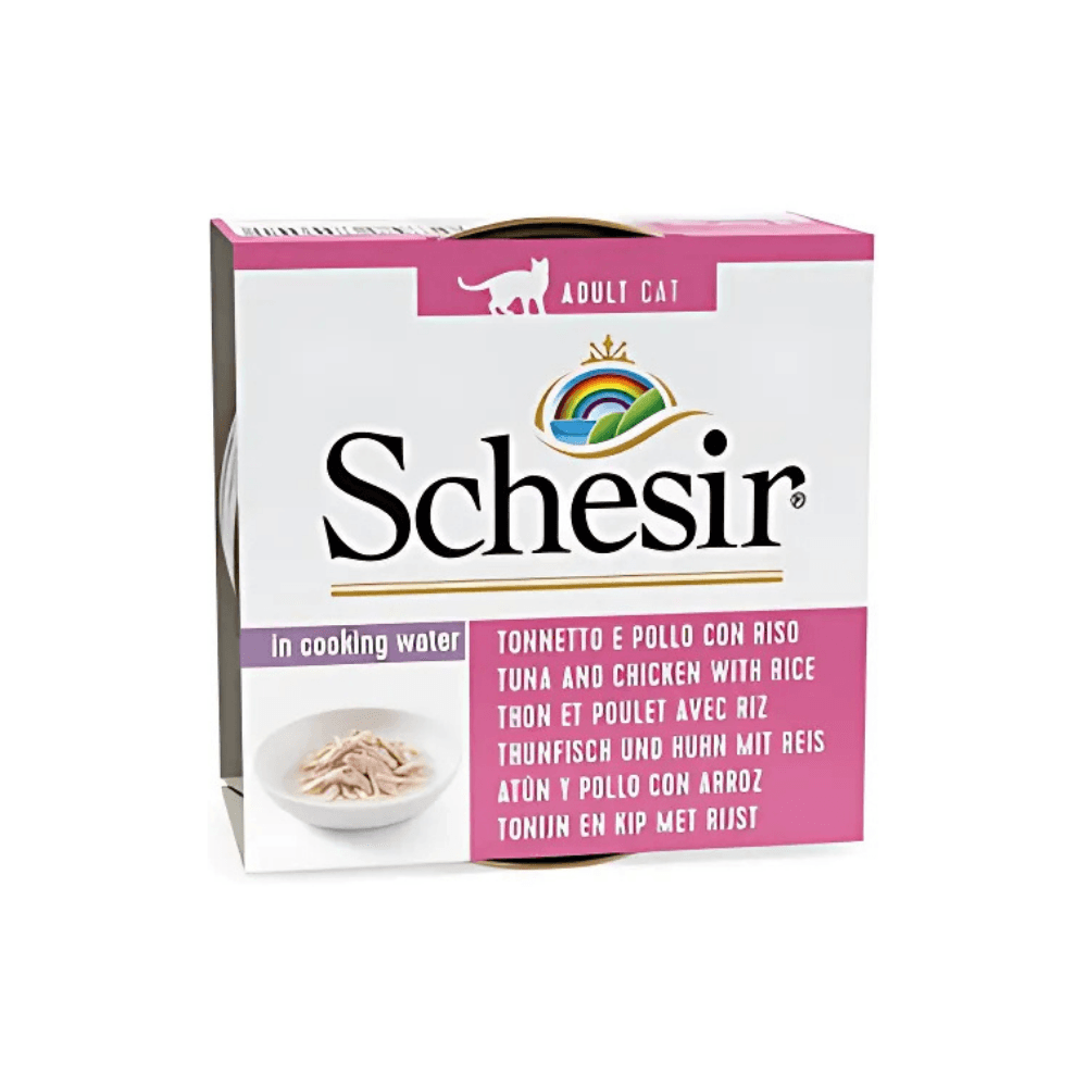 Schesir Suda Pişmiş Ton Balıklı Tavuk Etli ve Pirinçli Yetişkin Kedi Konservesi 85 Gr (12 Adet)