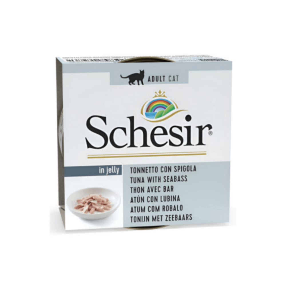 Schesir Jöle İçinde Ton Balıklı ve Levrekli Yetişkin Kedi Konservesi 85 Gr (12 Adet)