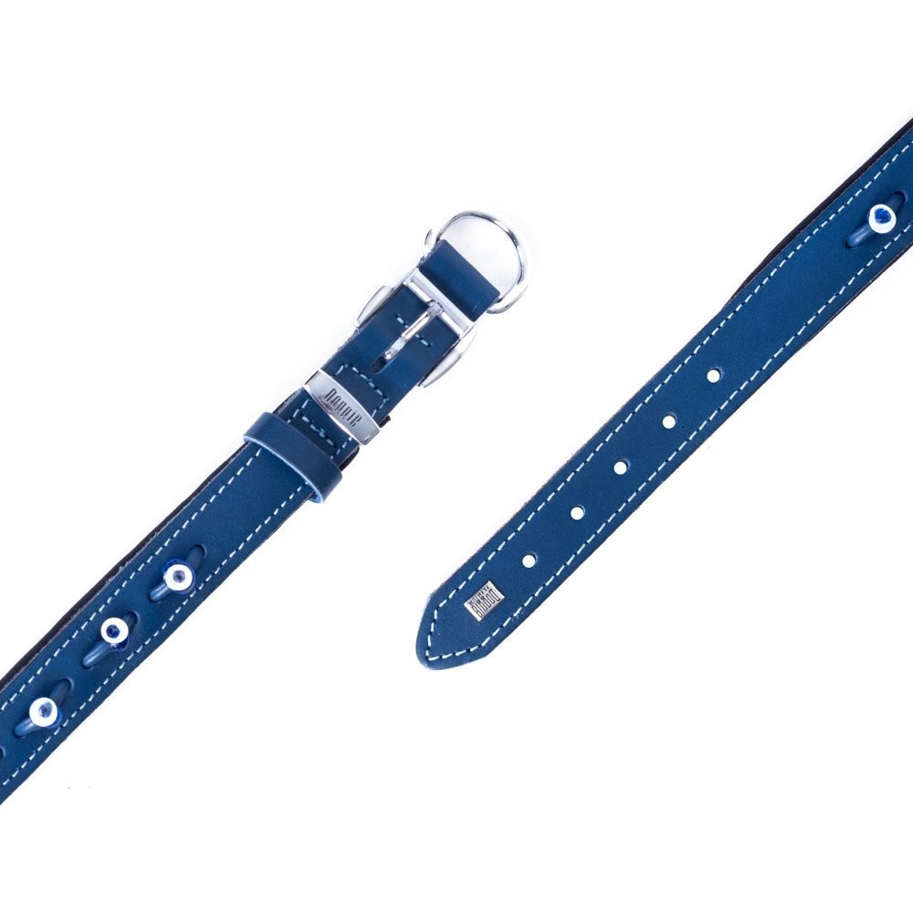Doggie Konforlu Gerçek Deriden El Yapımı Nazar Boncuklu Köpek Boyun Tasması 2x35-40 Cm Royal Mavi
