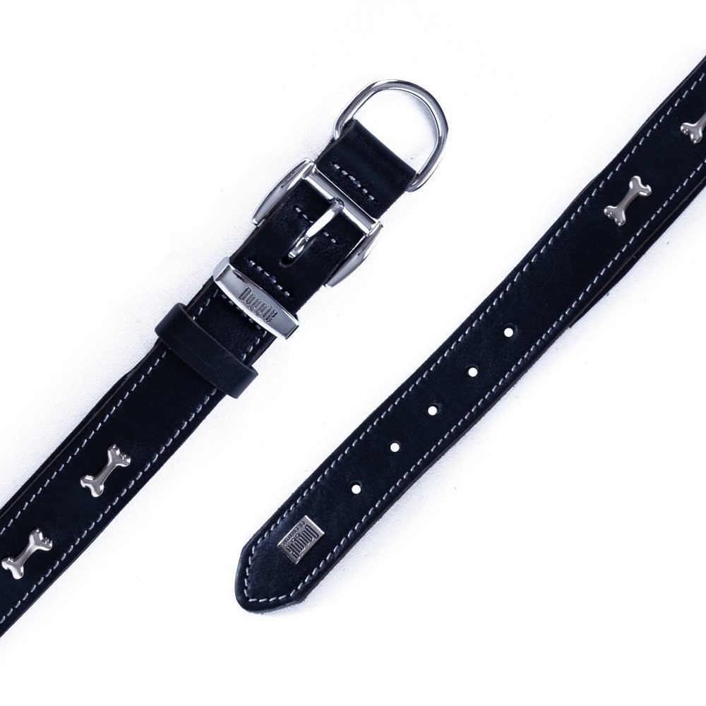 Doggie Konforlu Gerçek Deriden El Yapımı Kemik Süslü Köpek Boyun Tasması 3x42-50 Cm Siyah