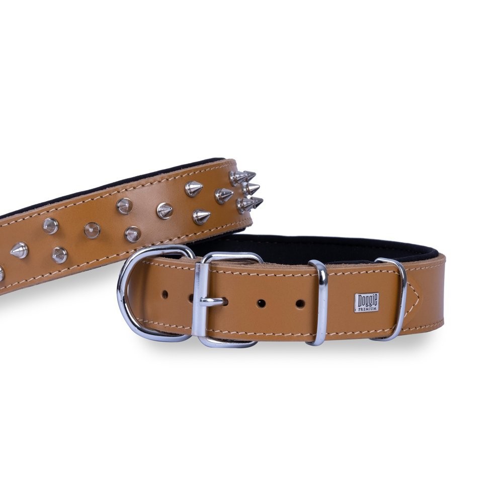 Doggie Çift Kat Gerçek Deriden El Yapımı Çivili Köpek Boyun Tasması 4x47-55 Cm Camel