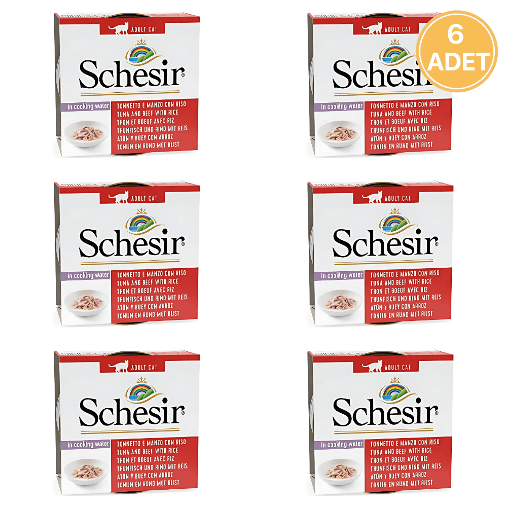 Schesir Suda Pişmiş Ton Balıklı Sığır Etli ve Pirinçli Yetişkin Kedi Konservesi 85 Gr (6 Adet)